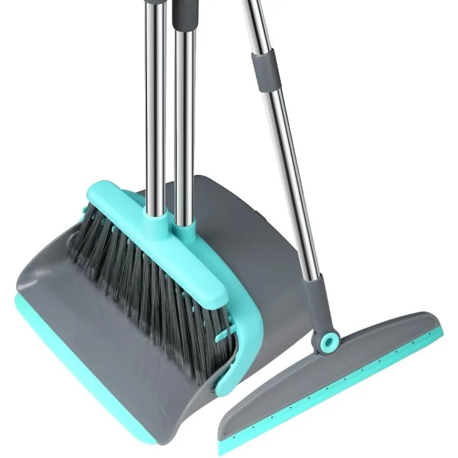 

Upgrade Broom and Dustpan Set with Silicone Bristles Long Handle Design Featuring Upright Standing Dustpan and Squeegee for Eff