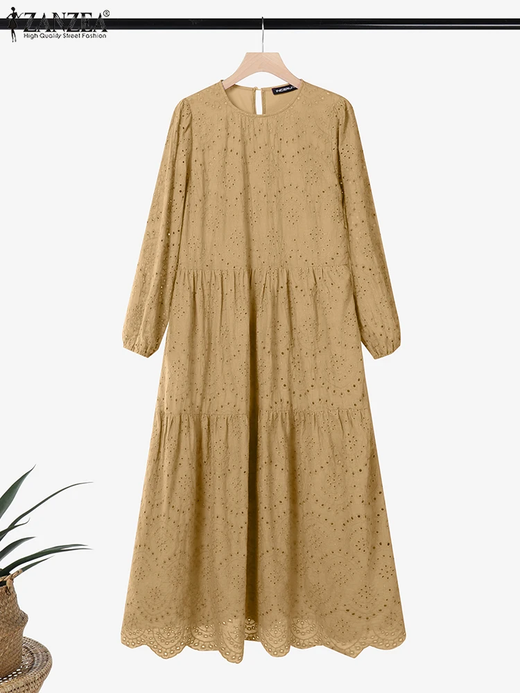 

ZANZEA Openwork Embroidery Womens Vestidos Modest Fashion Long Sleeve Muslim O-Neck Hijab Abaya Robes Loose Islamic Maxi Dresses