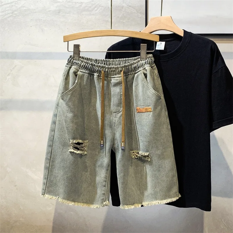 Retro Men's Denim Shorts Perforated Solid Color Pocket Shorts Fashionable Casual Short Jeans Harajuku High Street Men's Clothing