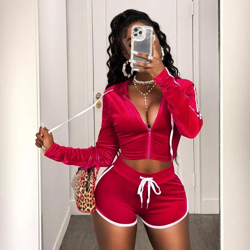 

2025 Autumn Patchwork Casual Sporty 2 Piece Set Women Hooded Zipper Full Sleeve Crop Top Drawstring Shorts Jogger Streetwear