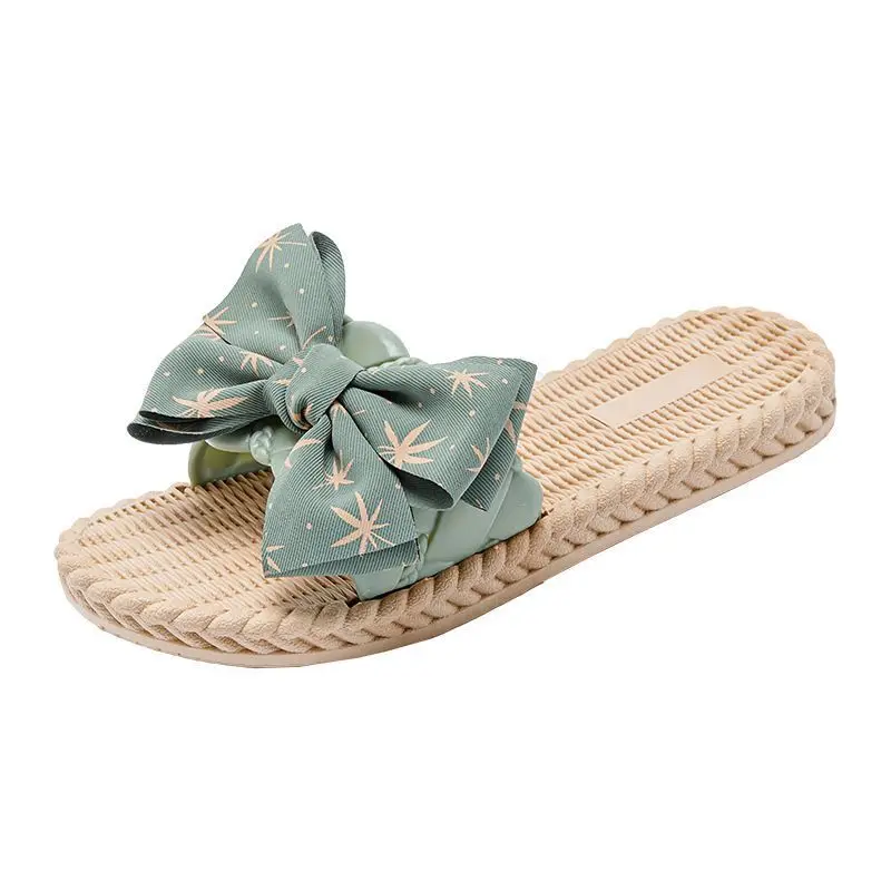 Women Slippers Summer New  Home Women Bow Linen Fashion Linen Flip Flop Bohemian Beach Home Thick Soled Wear Resistant Slippers