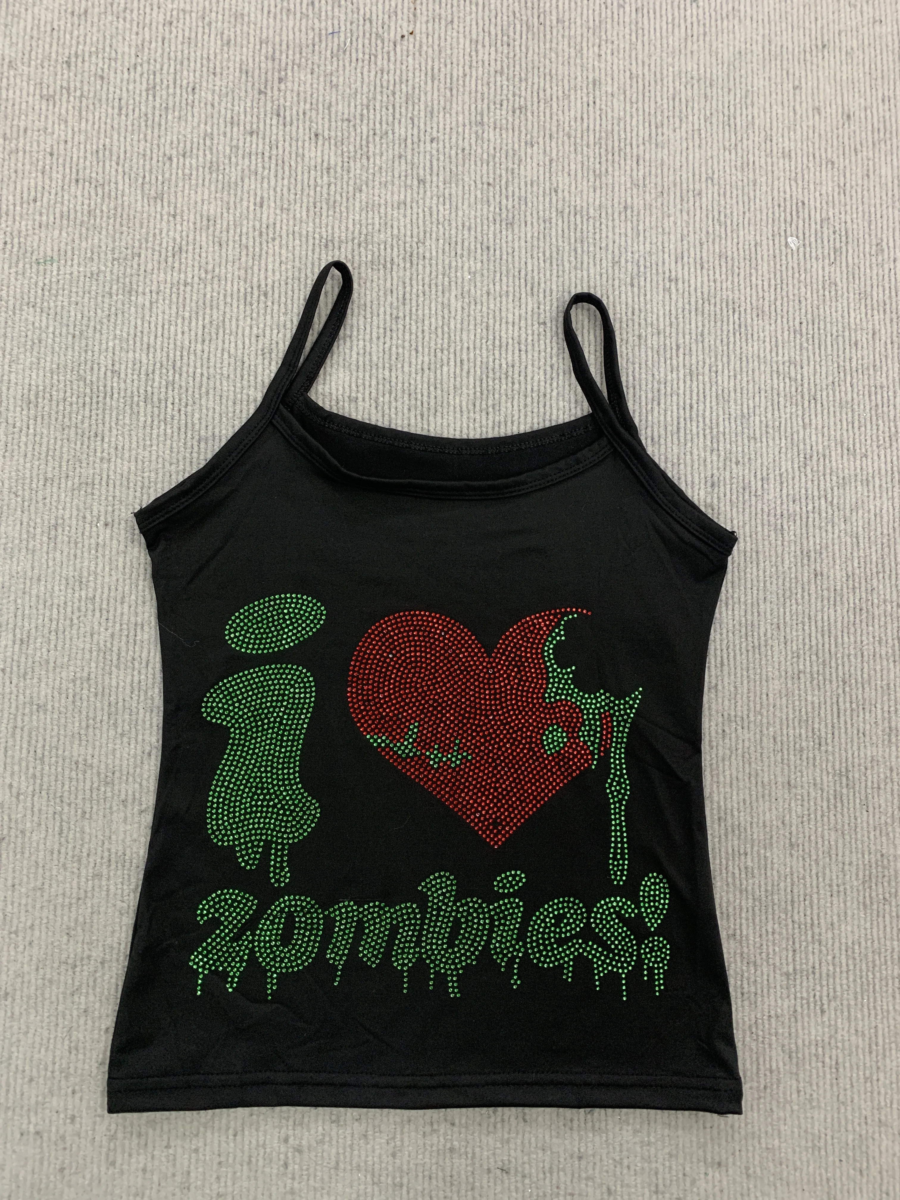Black Thin Strap Cami Top Halloween Zombie Heart Red Green Rhinestone Print Slim Y2K Crop Tank