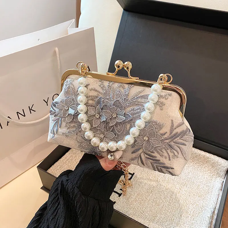 Vintage Handbag Flowers Lace mesh Pearl Chian Antique Cheongsam Banquet bag Rhinestone High-end Women's bag Shoulder Crossbody