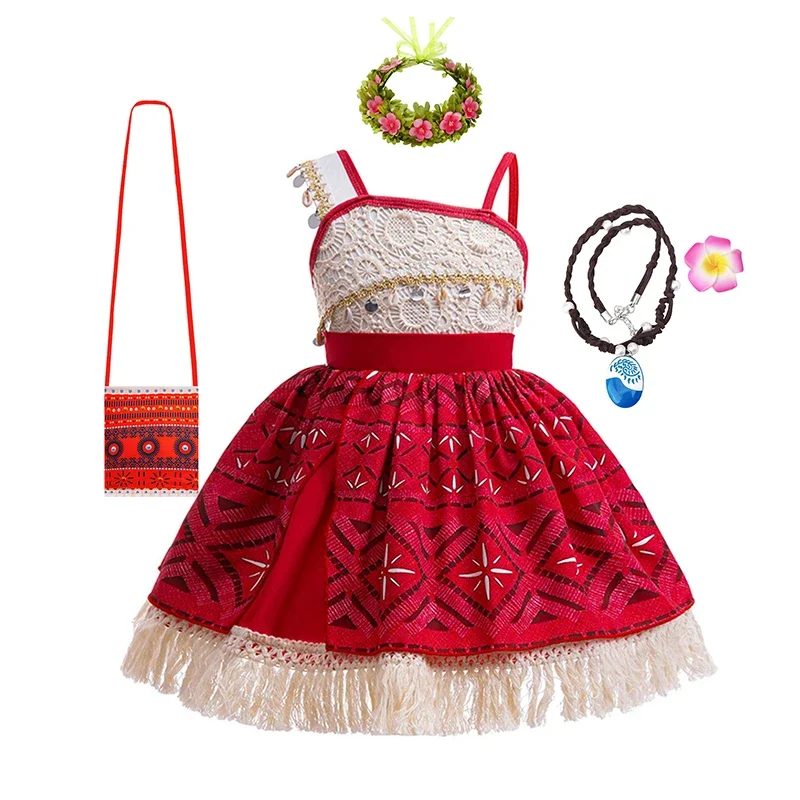 Girls Disney Moana Princess Dress for Kid Halloween Cosplay Vaiana Costume Children Birthday Party Headwear Flower Clothes Set view 2