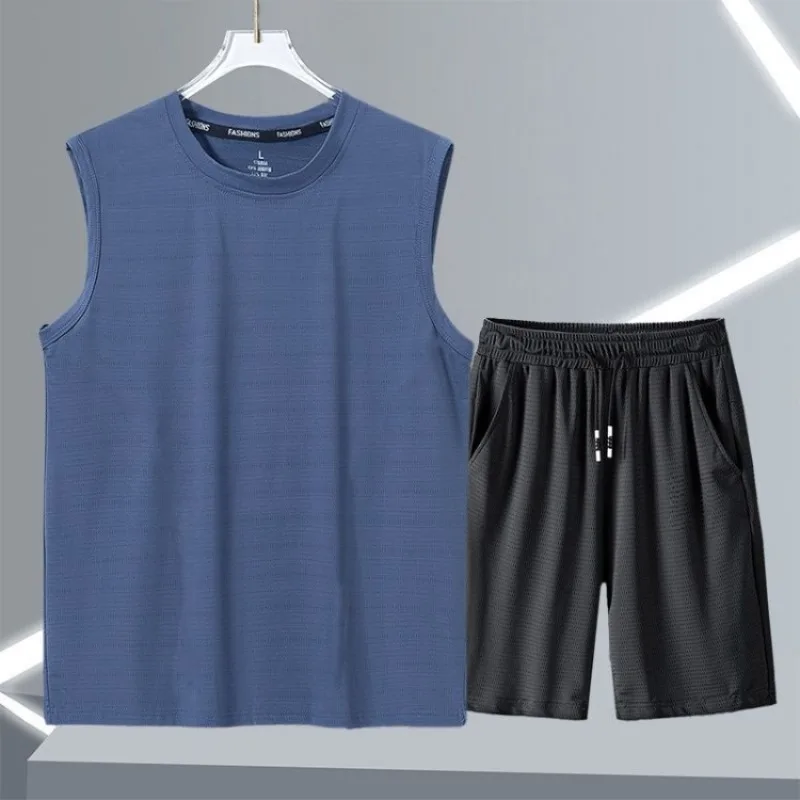 

Summer Men's Ice Silk Sports Set Quick Dry Breathable Cooling Thin Running Tank Top Vest Casual Sports Suit