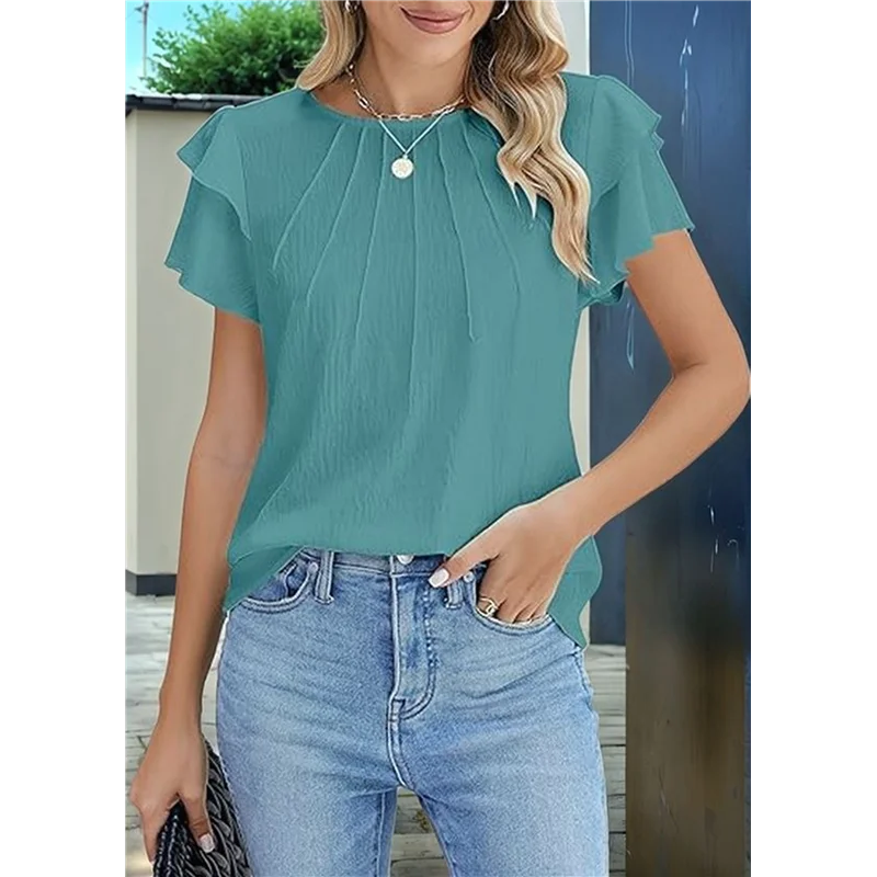 A18P-Top casual eleganti da donna Camicette da lavoro d'affari Camicie estive Manica corta Girocollo Abiti 2025