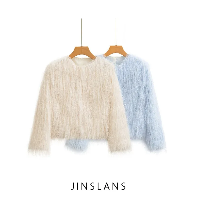Apricot Color/ Light Blue Tassel Short Coats Women Round Neck Hidden Button Design Tops 2026 Elegant Office Ladies Casual Jacket