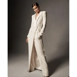 White Double Breasted Long Blazer Women Suits Set Elegant Designer Wide Leg Pants 2 Pieces (Jacket+Pants)Set