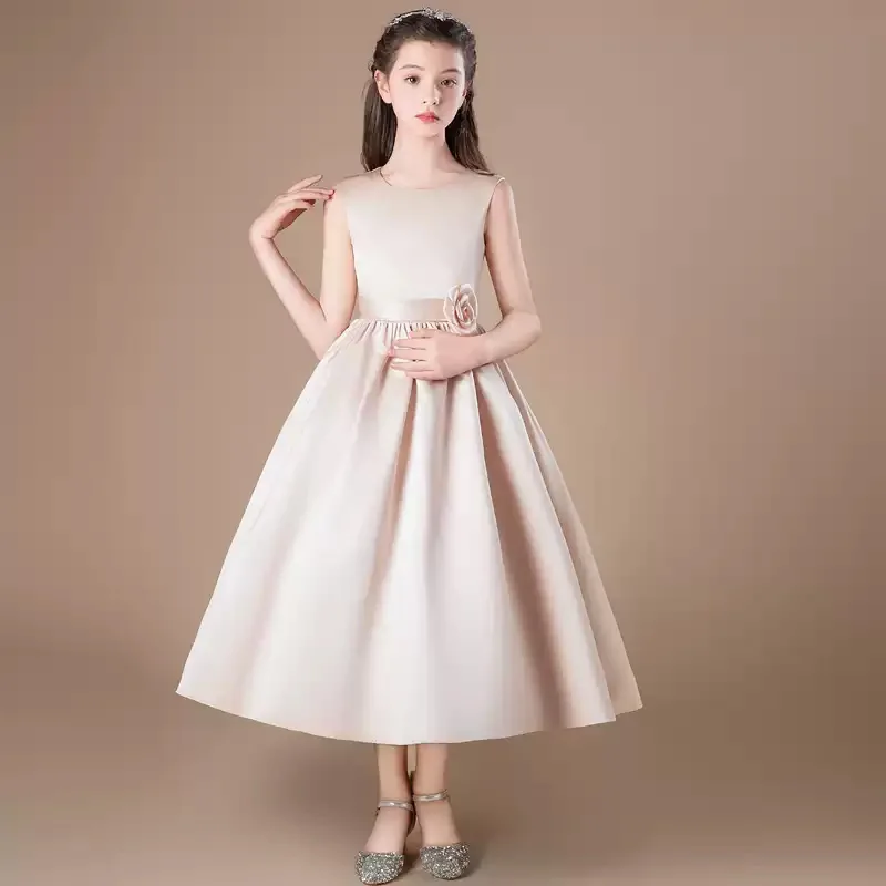 YZYmanualroom Girls' Round Neck Waist Three-dimensional Flower Junior Bridesmaid Dress Elegant Dress Pageant/Customizable