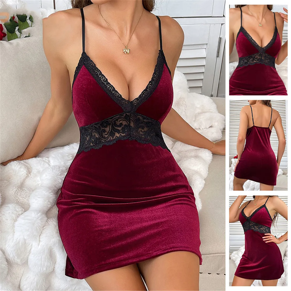 

Бархатная ночная рубашка в стиле ретро, женская одежда для сна, тонкое сексуальное женское белье с открытой спиной, элегантные кружевные лоскутные велюровые ночные рубашки