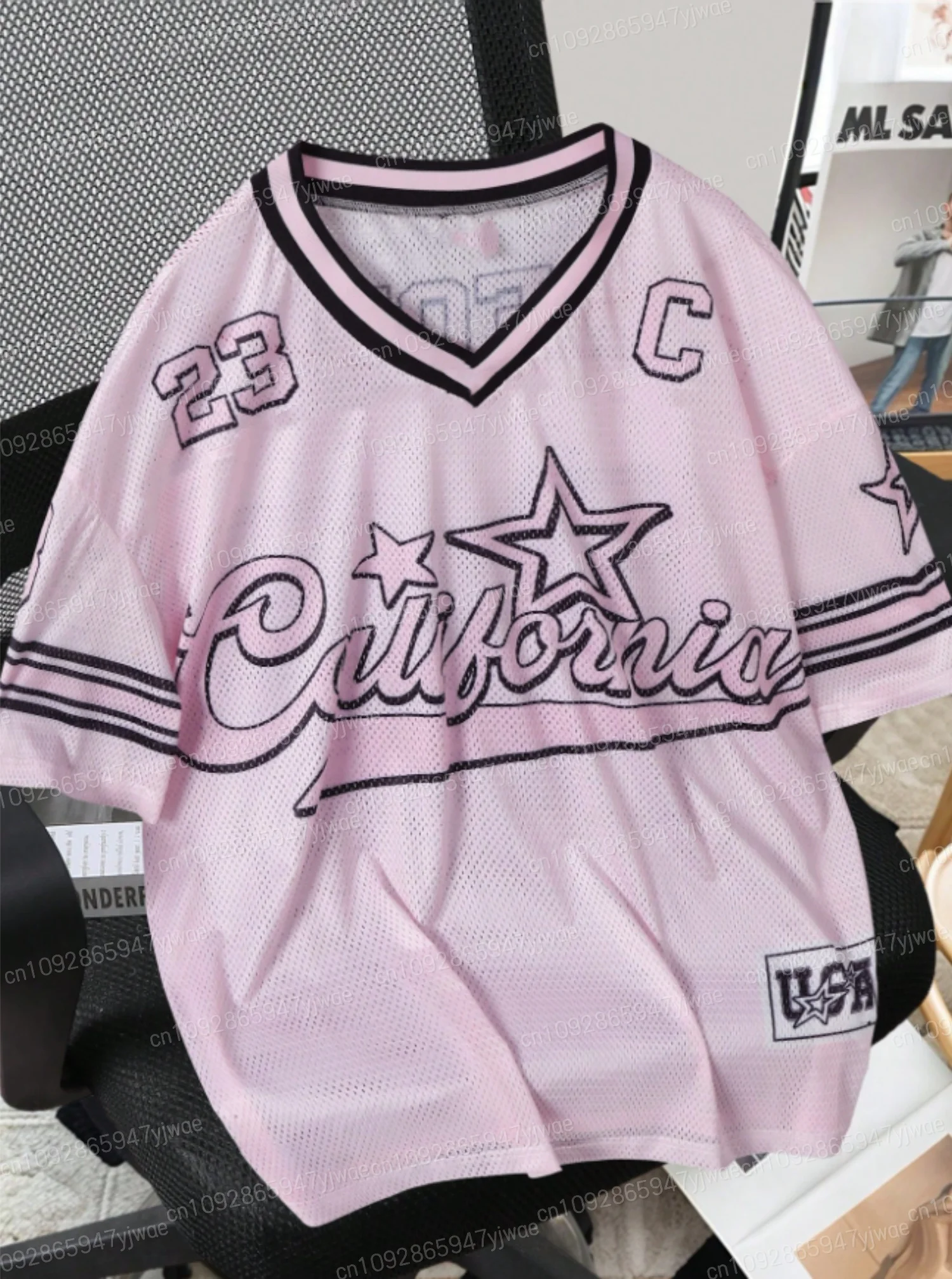 

2025 California 23 Shirt For Women Mesh fabric Striped V-Neck Tee Summer Harajuku Trend Short Sleeve Streetwear Tops