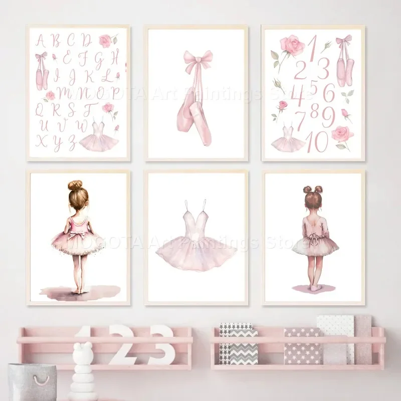 Ballerina Alphabet Number Shoes Dress Crown Butterfly Nursery Wall Art Canvas Painting Poster And Print Pictures Girl Room Decor