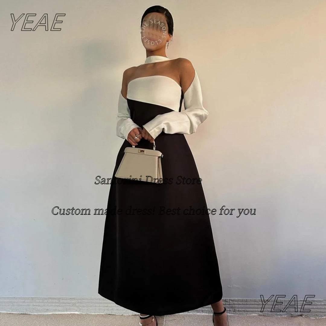 Sukienki balowe Santorini czarno-białe, długie rękawy, suknie wieczorowe, sukienki na urodziny w stylu saudyjskim, linia A, specjalne suknie bankietowe, szyte na miarę