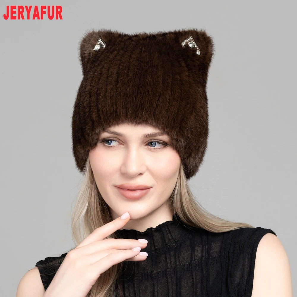 Women White Faux Fur Beanie Hat, Cute Cat Ears with Rhinestone Decor, Warm Fluffy Winter Cap, 55‑60cm Head Circumference view 2
