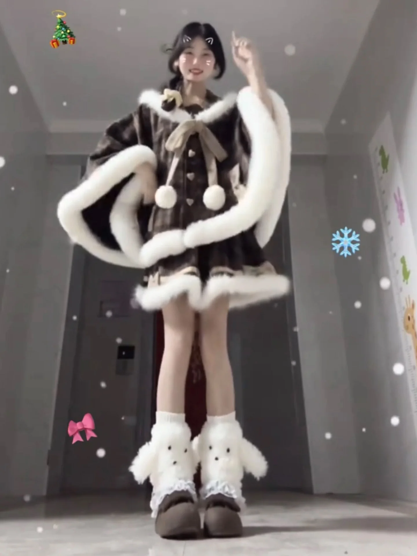 

2026 new Autumn Winter Cute Sweet Cisas Hat ort Skirt Girl Puffy New Year Visit Costume