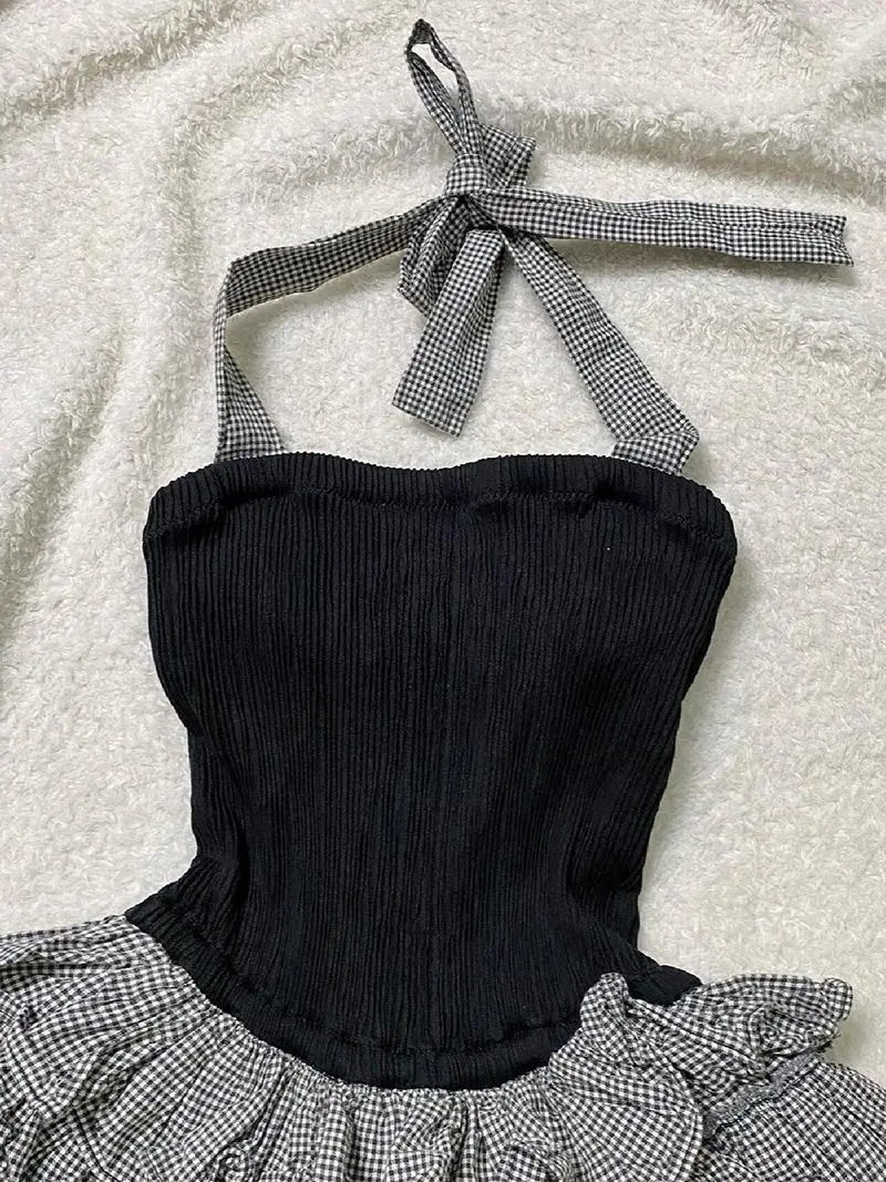 Y2k doce halter verão moda magro encaixe tubo superior sem mangas vestidos femininos xadrez retalhos fofo em camadas mini vestidos