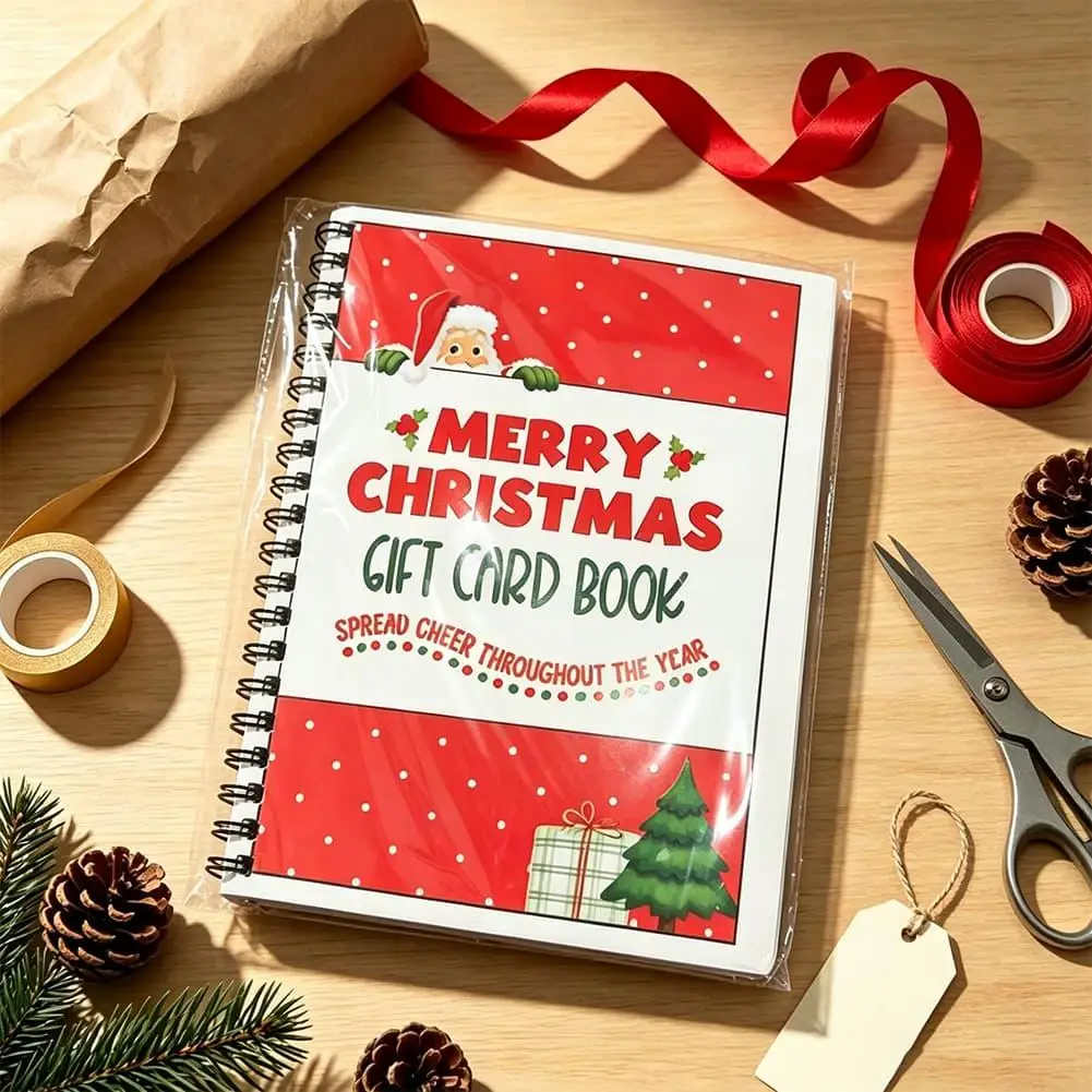Spiral Bound Christmas Gift Card Book Santa Festive Cover Reusable Keepsake for Stocking Stuffer Secret Santa Holiday Gift Card