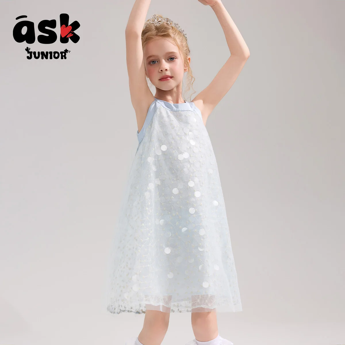 فستان صيفي للأطفال للبنات الكبار الأولاد الأزرق مطرز شبكة بلا أكمام اللباس #4