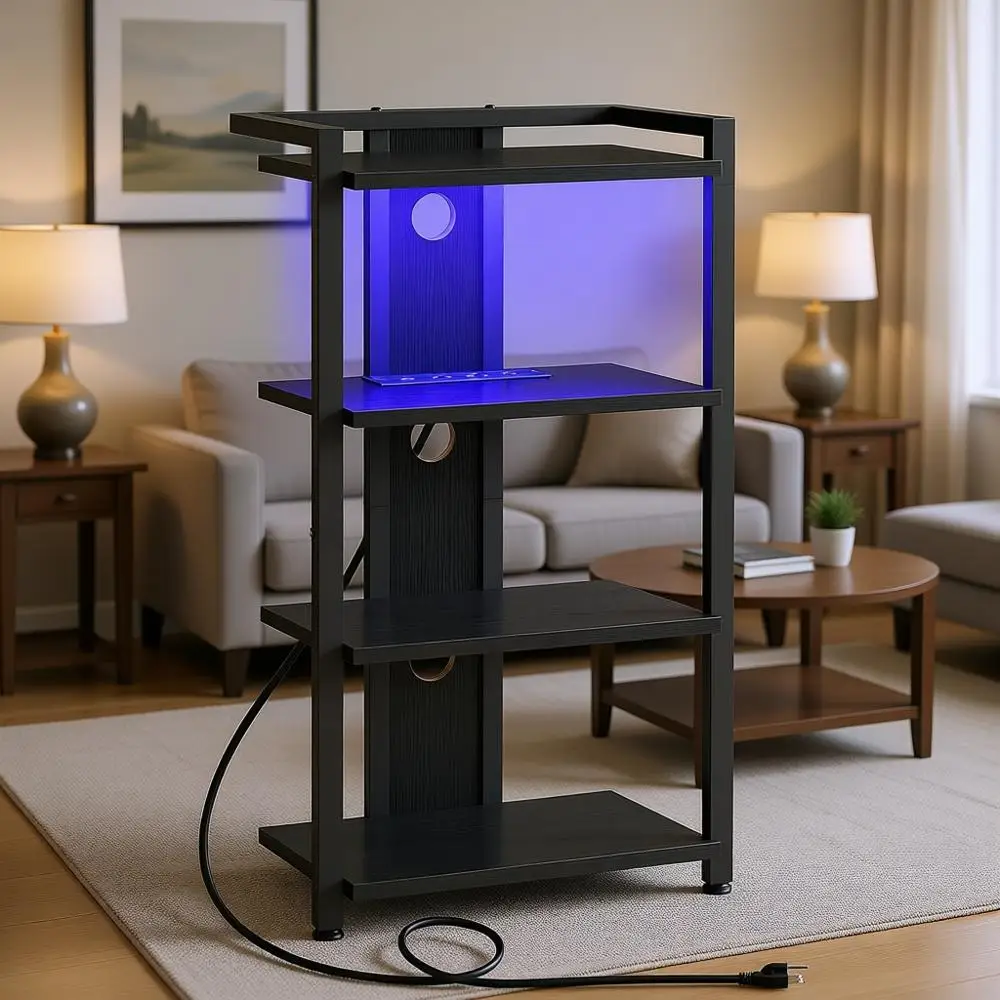 

4-Tier Wooden AV Media Stand with Charging Station and LED Light, Stereo Rack, Audio Tower, TV Stand, Entertainment Center, Blac