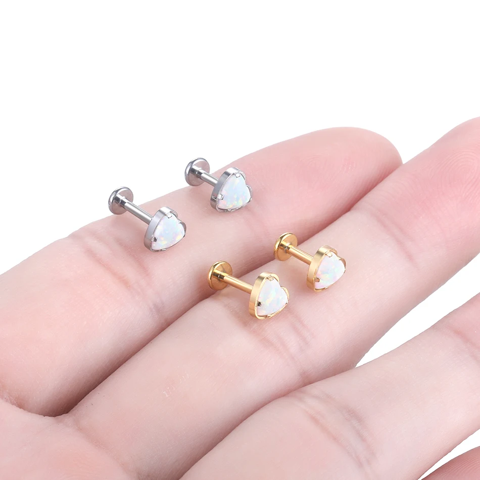 1pc 16g titanium coração opal labret piercing rosca interna orelha hélice língua tragus brinco parafuso prisioneiro piercing jóias do corpo