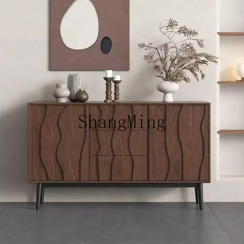 ZYYmedieval style solid wood dining side cabinet, wabi sandy wind living room integrated storage cabinet against the wall