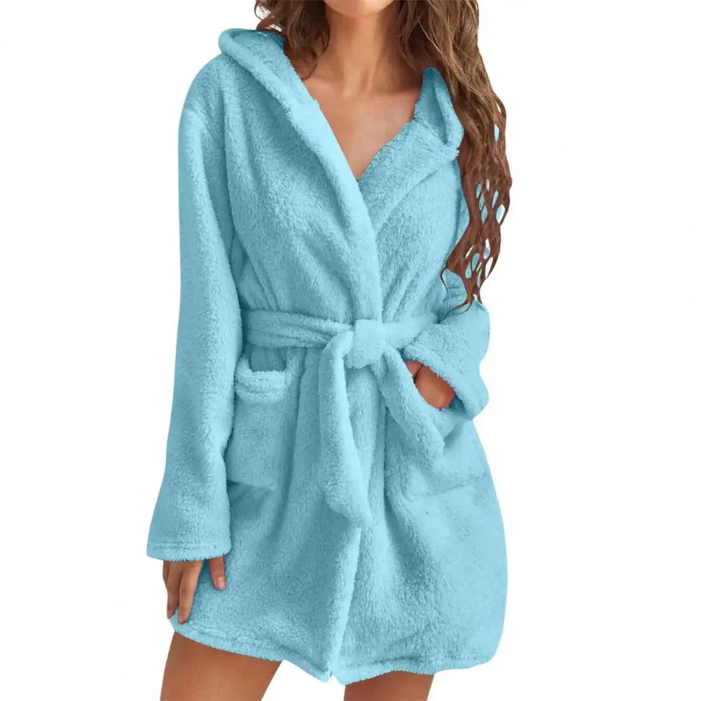 Feminine Coral Velvet Pajama Luxurious Plush Winter Nightgown with Hood Lace Up Belt for Women Homewear Robe