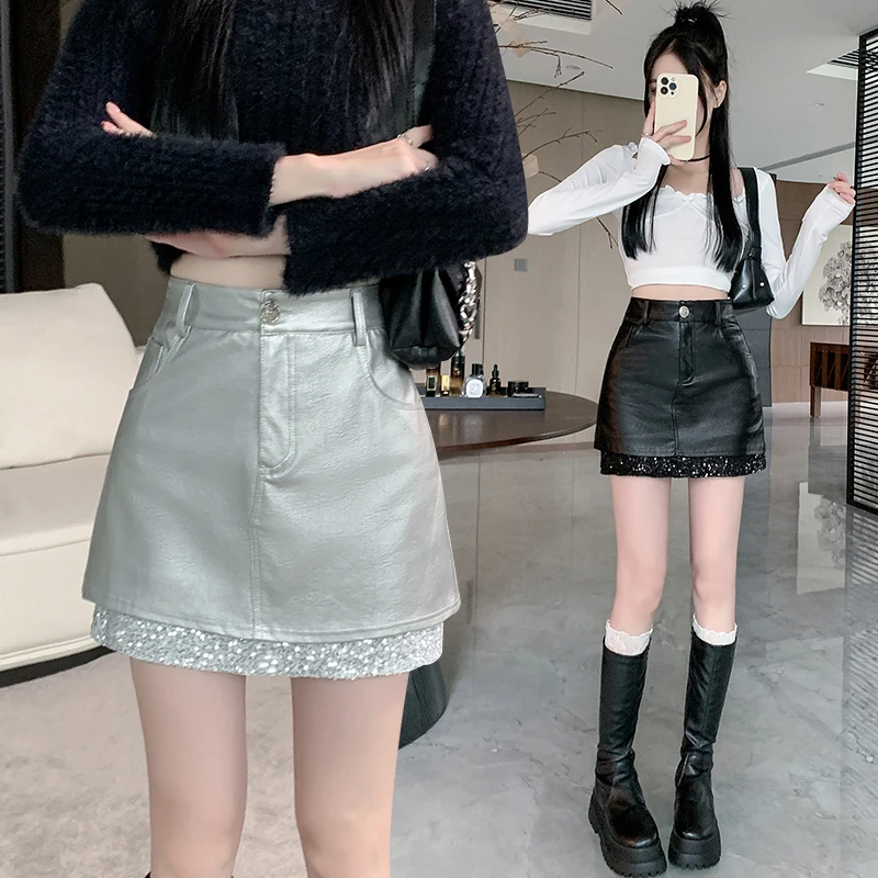 Glitter A-line hip hugging short skirt for women in autumn and winter, high waist slimming half length skirt