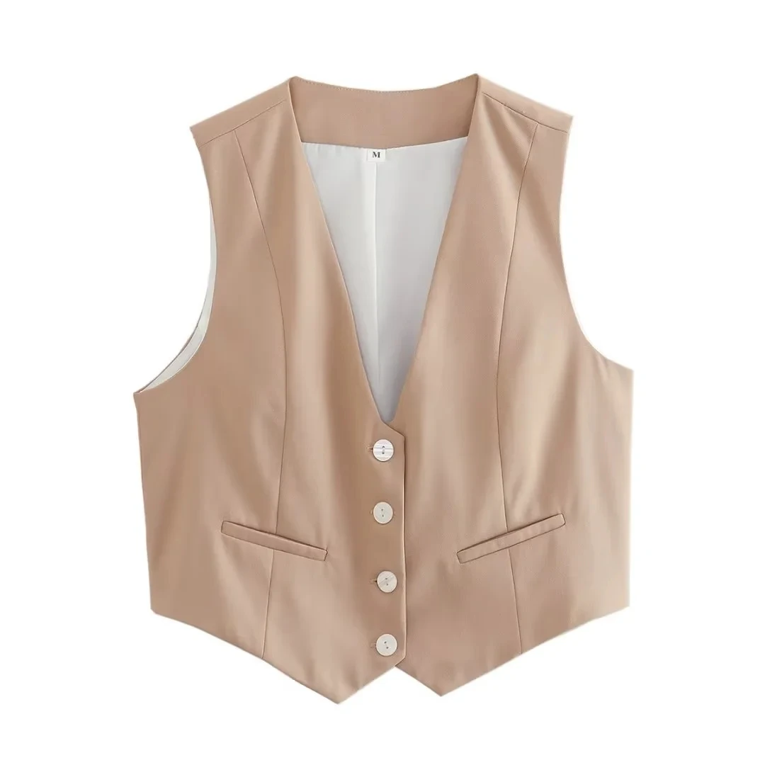 KAOPU ZA Vest Women Cropped Waistcoat Fashion Front Buttons Tops Vintage V Neck Sleeveless Female Outerwear White Chic Vests New