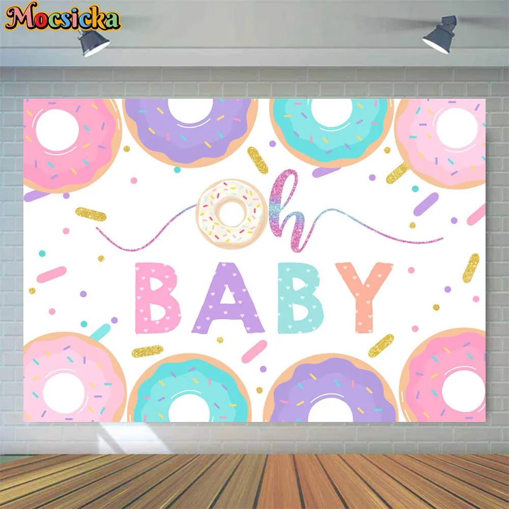 

Mocsicka Donut Baby Shower Backdrop Oh Baby Cartoon Donut Boy Girl Birthday Background for Photography Party Decor Custom Banner