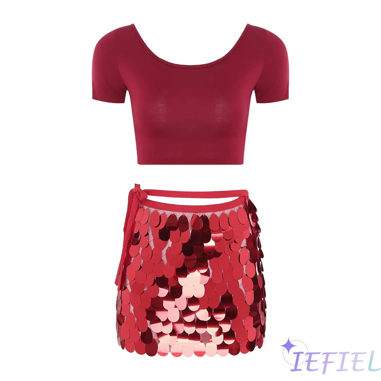 

Elegant Womens 2Pcs Belly Dance Outfits Short Sleeve Crop Top Shirt And Shiny Sequin Lace-up Hip Scarf Skirt Modern Dancewear