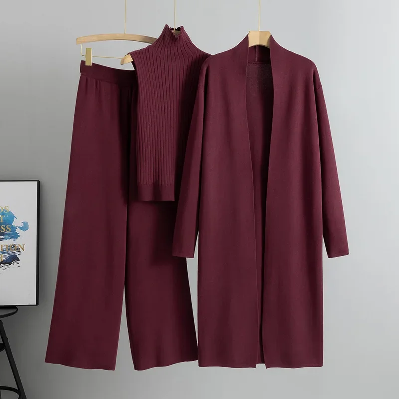Autumn Winter 3 Piece Set Women Cardigan Tracksuits Fashion Elegant Knitted Pant Set Ladies Sweater Suit Wide Leg Pants Clothing view 4