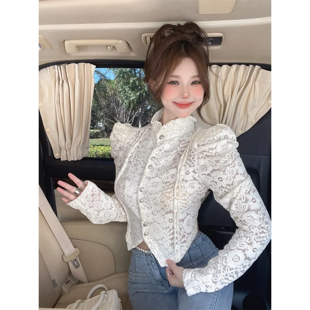 

Рубашка французской светской львицы с полувысоким воротником и кружевным низом в придворном стиле, рубашка с рукавами-пузырьками в стиле Сяоксиан