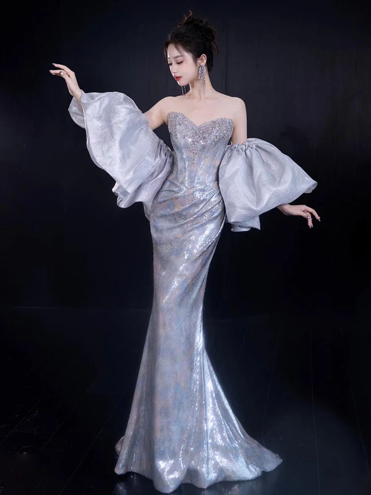 

Exquisite Beaded Evening Gown Sexy Strapl Bridal Dr Wedding Par Ball Gown Long Tail Design mid Waist Sequin Evening D...