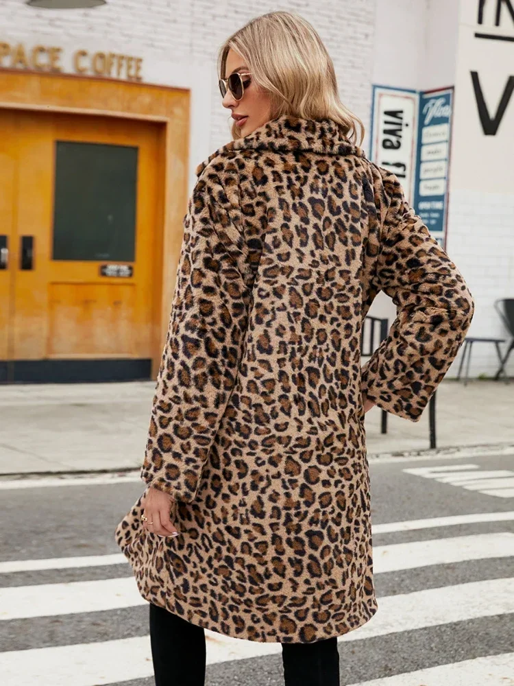 Winter Women\'s Warm Faux Fur Long Coat Leopard Leisure Women Shaggy Fur Long Jackets Thick Fluffy Luxury Bontjas Outerwear 2023