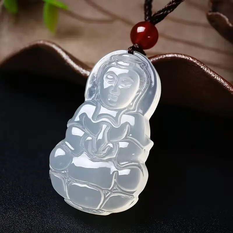 High Ice White Jade Marrow Guanyin Buddha Gong Pendant