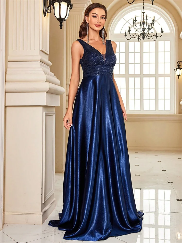 Elegante lantejoulas vestido de noite para mulher 2025 profundo decote em v cetim vestido de festa de baile até o chão formal cocktail vestido de formatura