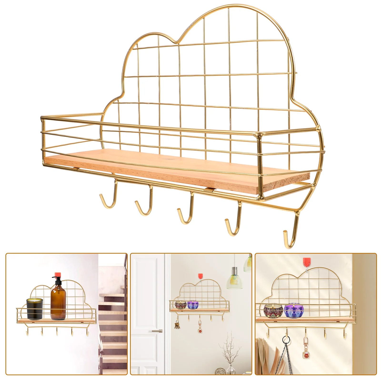 

Wall Mount Storage Rack Shelf Home Decor Multifunctional No Punching Shelves with Hooks Wooden