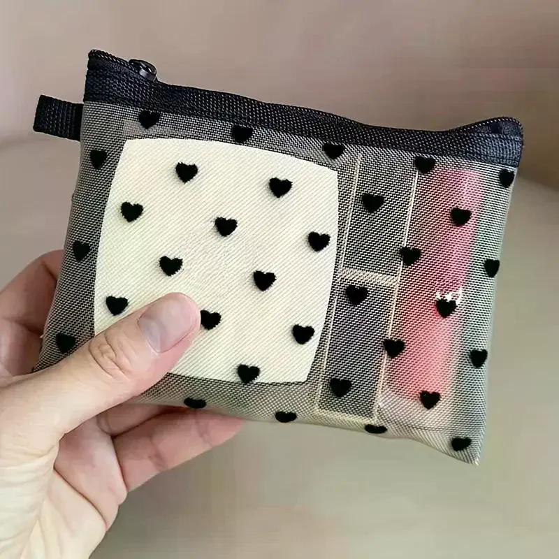 /HTF/Transparent Mesh Makeup Bag With Cute Black Heart Pattern Smooth Zipper For Travel Cosmetic Storage