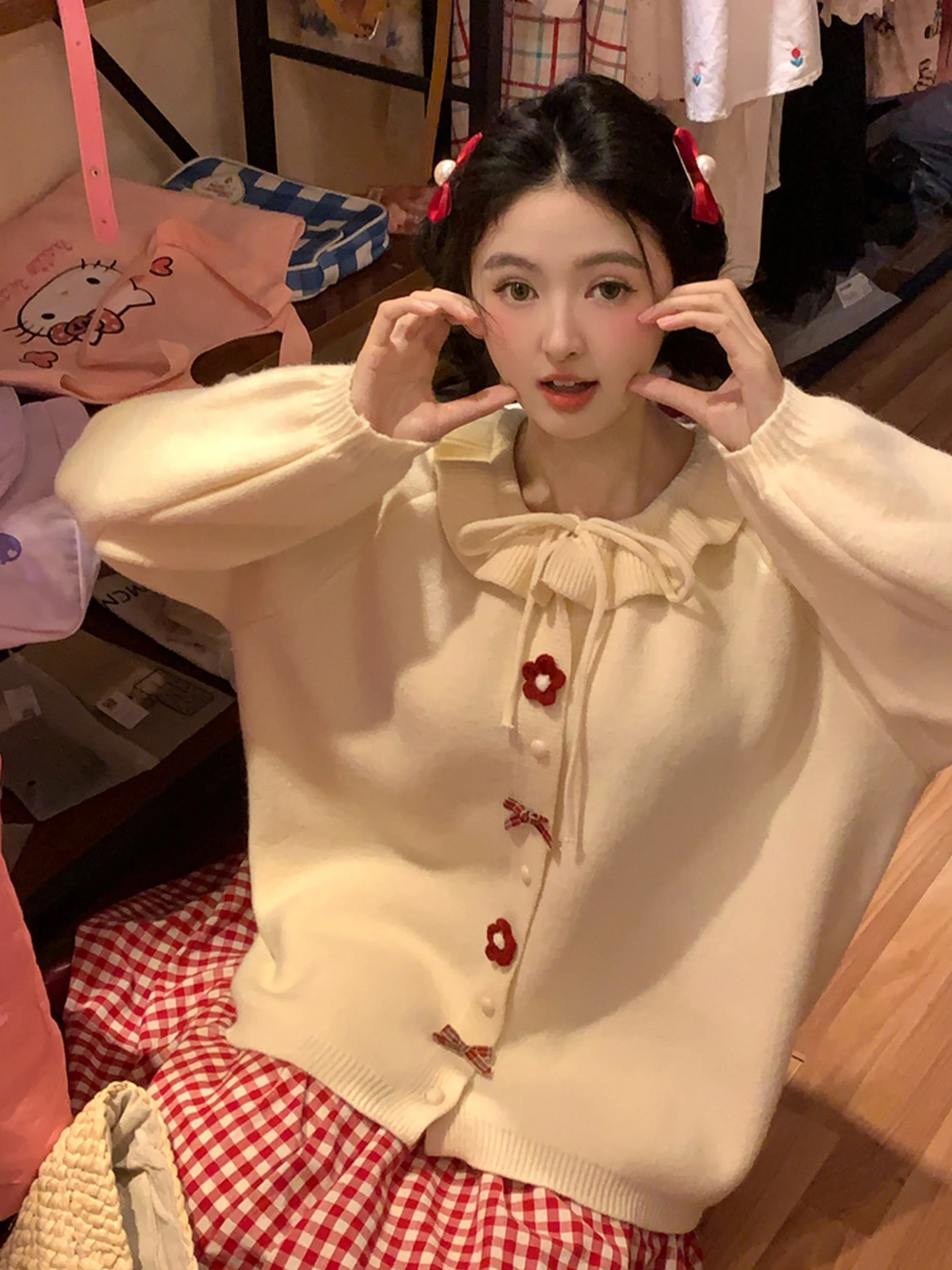 

Нежный молодежный вязаный кардиган с воротником-куклой и узлами, женский, осенне-зимний, больших размеров, в стиле Lazy Sle, уникальный свитер-жакет