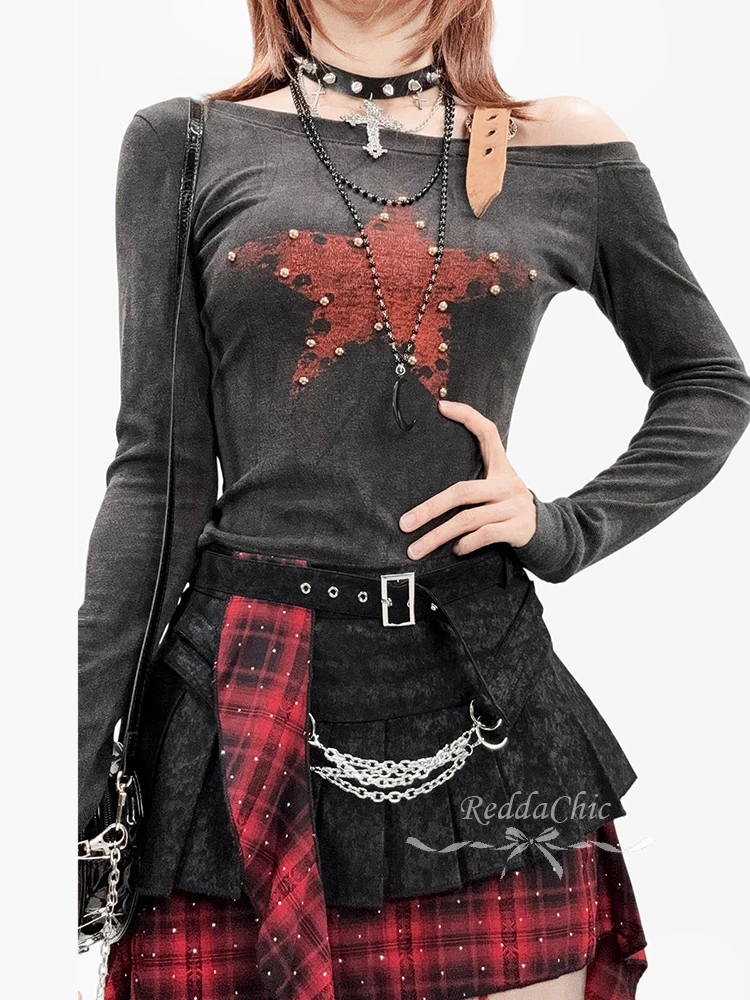 REDDACHiC Y2k Grunge Off-shoulder Long Sleeve T-shirt Women Street Retro Studded Star Print Crop Top Punk Alternative Clothes