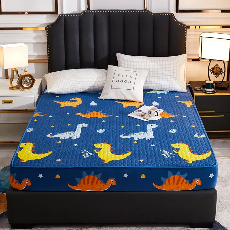 Waterproof Quilted Mattress Cover for Kids Cartoon Dinosaur Printed Bed Sheet160x200cm Single/Double/Queen/King Bed Cover180x200