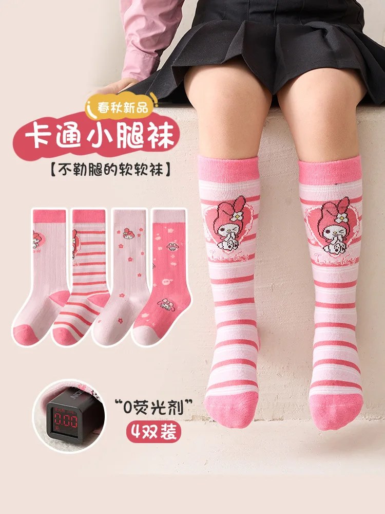 

4Pairs Sanrio Kuromi Girls Calf Socks Kawaii New Spring Fall Cartoon My Melody Children Long Tube Cotton Sock for Girls Gifts