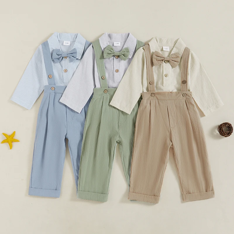 Autumn Baby Boy Gentleman Clothes for Kids Party Outfit Stripe Long Sleeve Bow Tie Bodysuit Suspender Pants Infant Suit