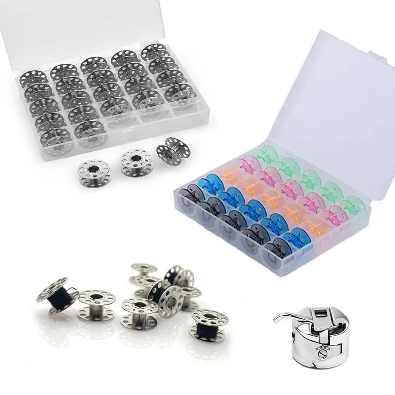 25p Metal Bobbins/Clear Sewing Machine Bobbins Spools Empty Bobbins Spools Plastic Storage Box For Home Sewing Accessories Tools