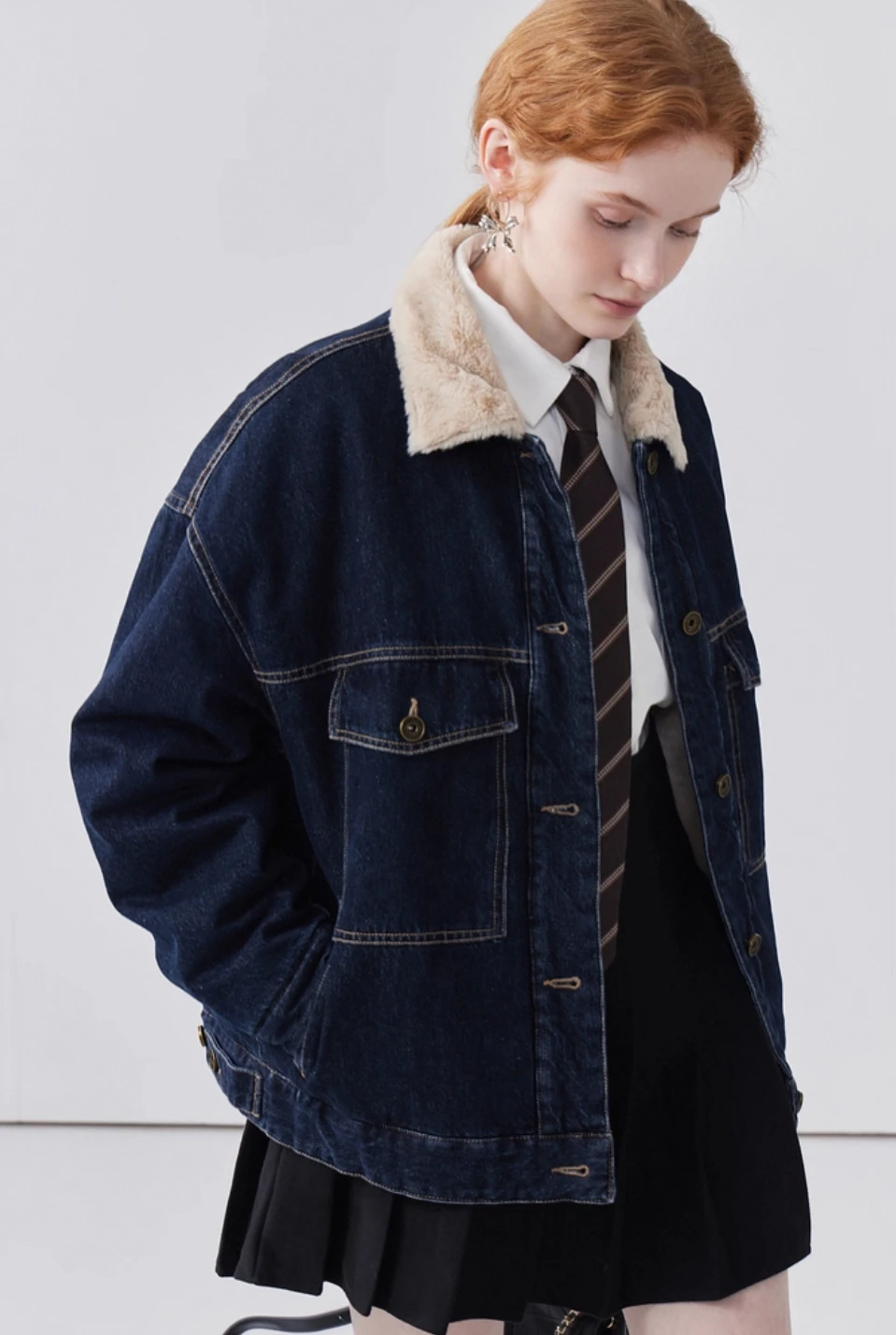 

Denim Coat Buttions Fur Plush Womens Autumn Belted Fitted Waist-Cinching Minimalism College Classroom Body Comfort Decorative OL