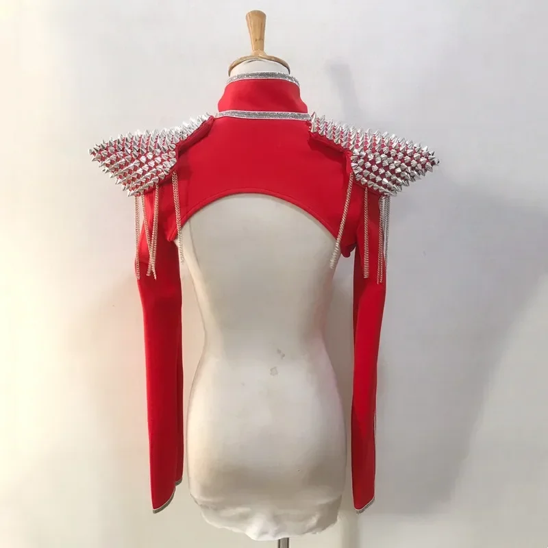 Women Jazz Dancer Singer Rivet Armor Waistcoat Stage Performance Accessories Black Red Rivet Shoulder Pads Vest Dance Costume