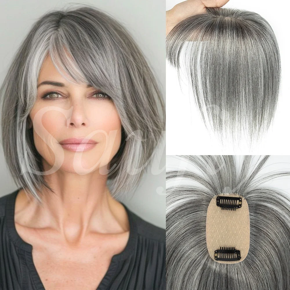 Women Short White Human Hair Toppers With Bangs Real Human Hair 5x9cm Seamless Invisible Clip in Human Hair Toppers for Thinning Hair to Add Volume Natural White Gray Straight Hair Topper Human Hairpieces to Add Volume