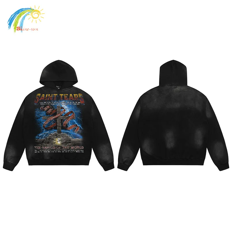 

Hip Hop Graphics Print Oversized Pullovers Sweatshirts Streetwear Vintage Washed Black Saint Tears Hoodie Hooded Best Quality