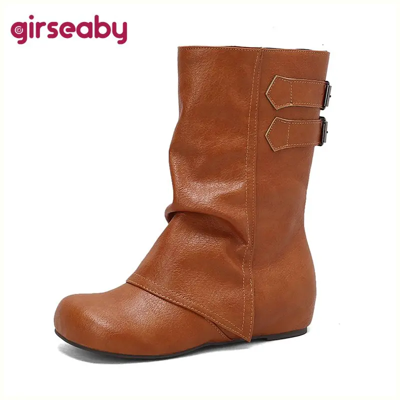 

GirseabyЖенские ботинки без шнуровки на каблуке с круглым носком и пряжками на ремне, большие размеры 48 49 50 для отдыха, белый, зеленый, красный, кофейный