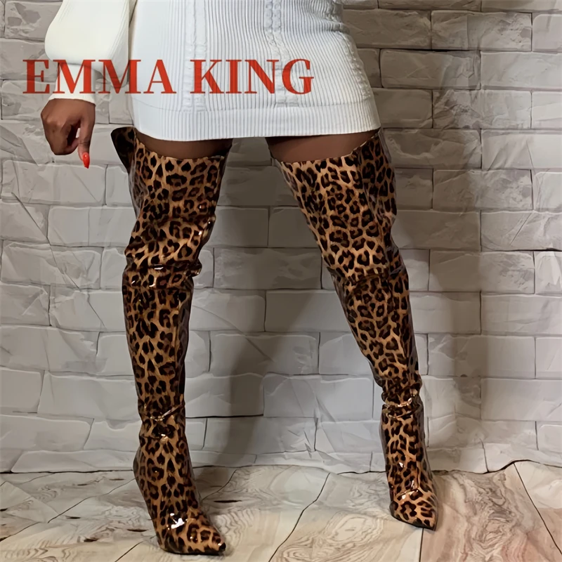 

Fashion Leopard Patent Leather Thigh High Boots Pointed Toe High Heels Women Shoes Luxury Back Zipper Over The Knee Boots 2024